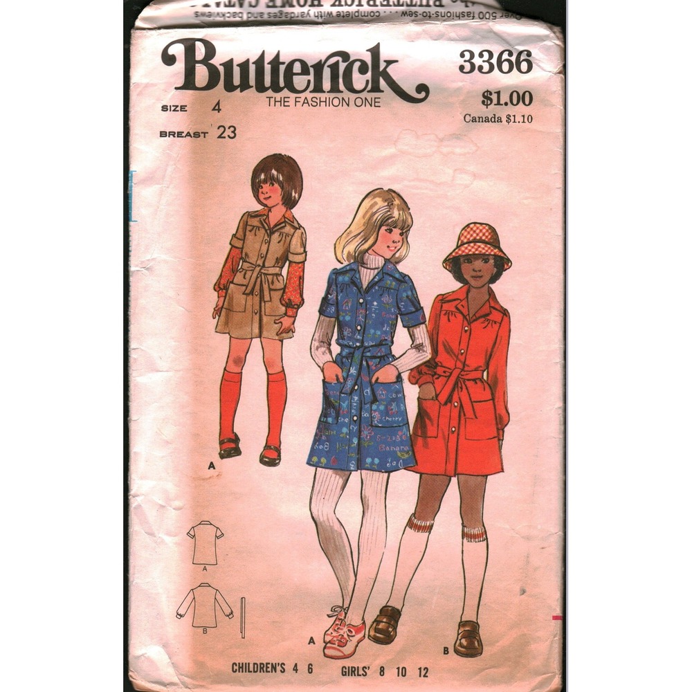 Vintage‎ Butterick 3366 Girls Dress Sewing Pattern Size 4 Breast 23 70s Retro